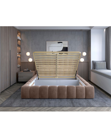 OFFRE BLACK FRIDAY : Lit coffre Camila 160x200 Marron – Sommier relevable & tête de lit LED incluses