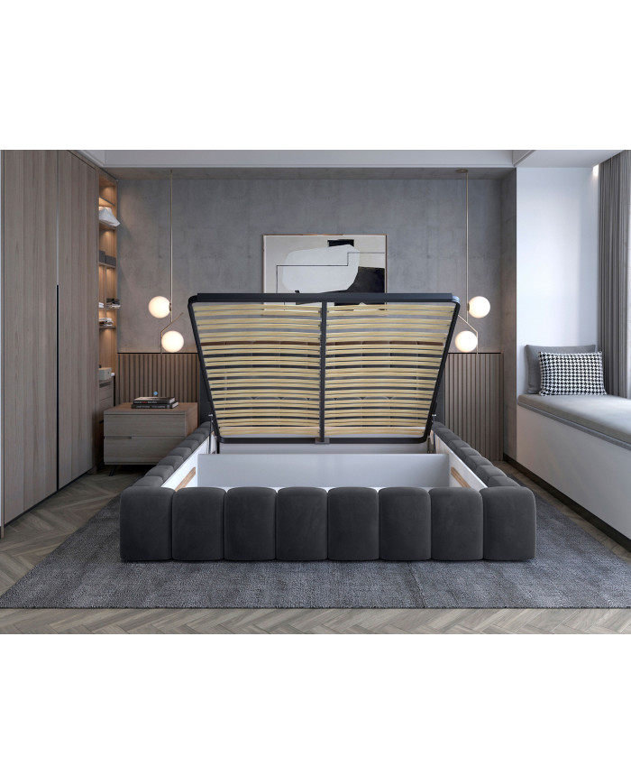 Lit coffre Camila 180x200 gris - Sommier relevable e métal & tête de lit LED incluses