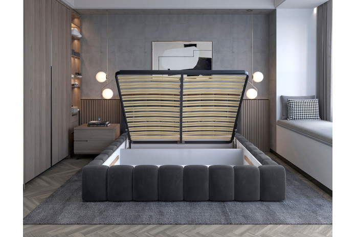 Lit coffre Camila 180x200 gris - Sommier relevable e métal & tête de lit LED incluses