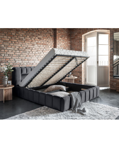 Lit coffre Camila 180x200 gris - Sommier relevable e métal & tête de lit LED incluses