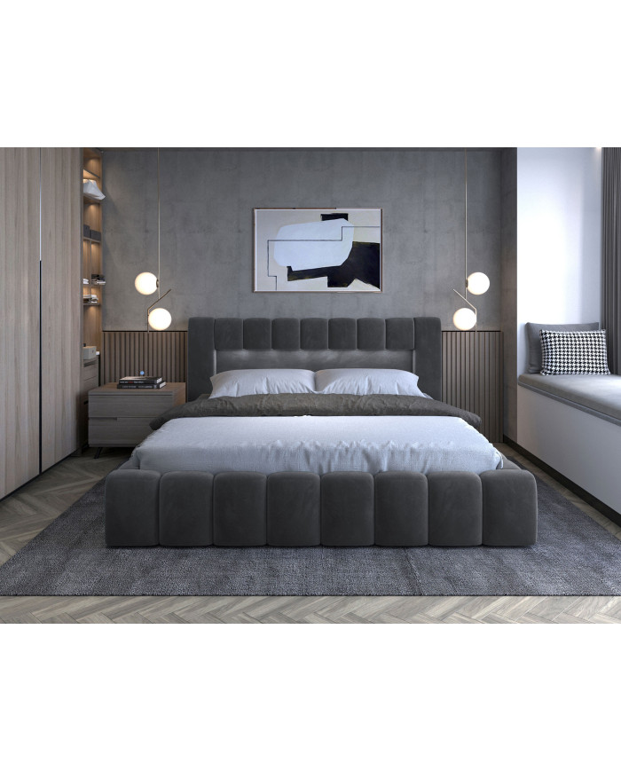 Lit coffre Camila 180x200 gris - Sommier relevable e métal & tête de lit LED incluses