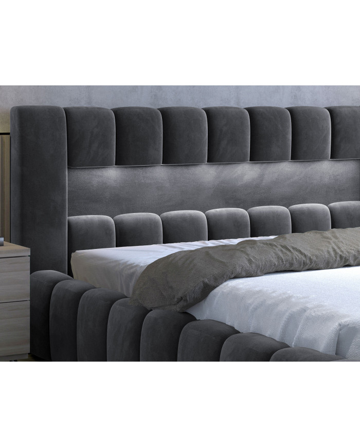 Lit coffre Camila 180x200 gris - Sommier relevable e métal & tête de lit LED incluses