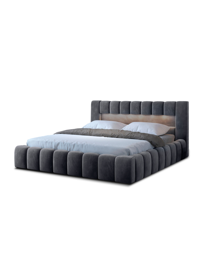 Lit coffre Camila 180x200 gris - Sommier relevable e métal & tête de lit LED incluses