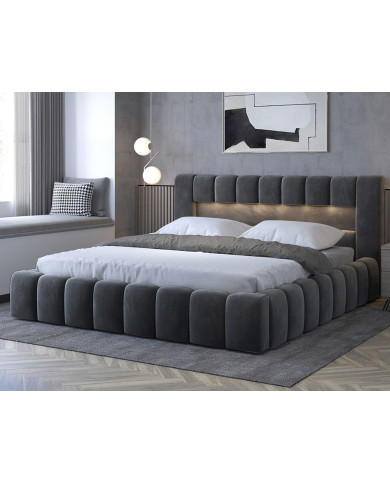 Lit coffre Camila 180x200 gris - Sommier relevable e métal & tête de lit LED incluses
