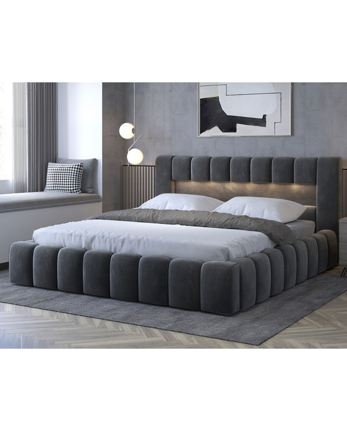 Lit coffre Camila 180x200 gris - Sommier relevable e métal & tête de lit LED incluses