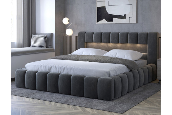Lit coffre Camila 180x200 gris - Sommier relevable e métal & tête de lit LED incluses