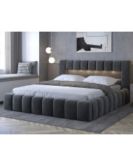 Lit coffre Camila 180x200 gris - Sommier relevable e métal & tête de lit LED incluses