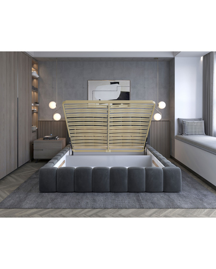Lit coffre Camila 180x200 gris - Sommier relevable e métal & tête de lit LED incluses