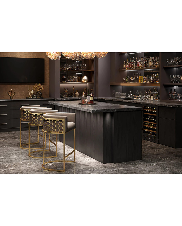 Tabouret de bar ELITE en velours beige avec structure en acier inoxydable doré