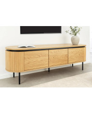 Meuble TV ATHOS 160 cm — Chêne Naturel & Pieds Noirs Métal  : Style massif, lignes maîtrisées.