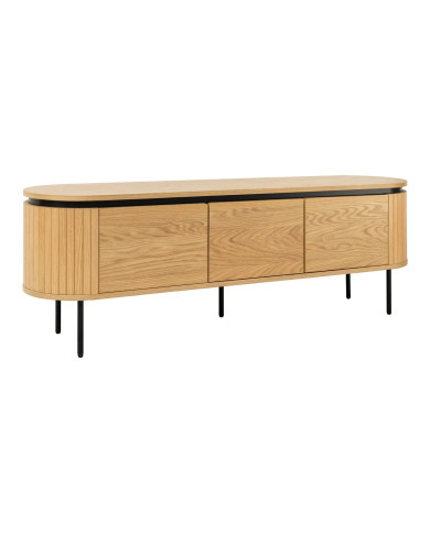 Meuble TV ATHOS 160 cm — Chêne Naturel & Pieds Noirs Métal  : Style massif, lignes maîtrisées.