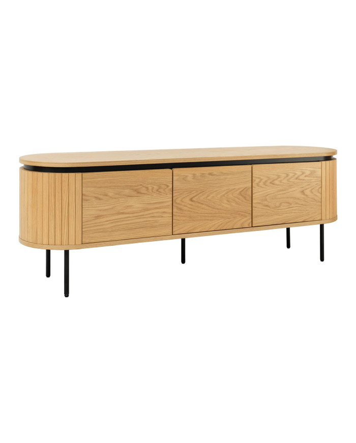 Meuble TV ATHOS 160 cm — Chêne Naturel & Pieds Noirs Métal  : Style massif, lignes maîtrisées.