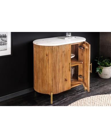 Buffet 70 cm bois de manguier naturel avec plateau en marbre blanc et poignées dorées ROYAL MARBLE