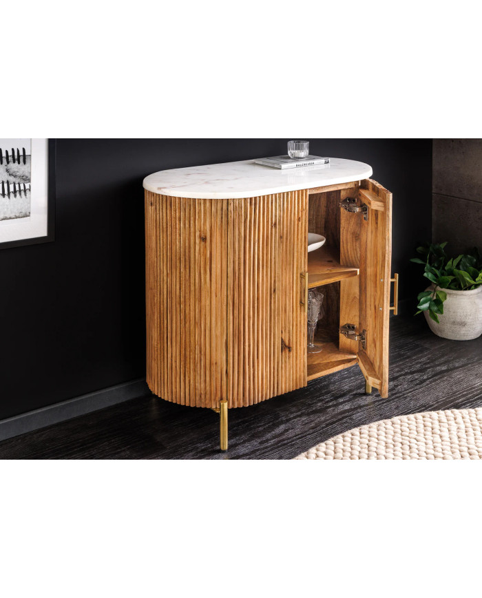 Buffet 70 cm bois de manguier naturel avec plateau en marbre blanc et poignées dorées ROYAL MARBLE