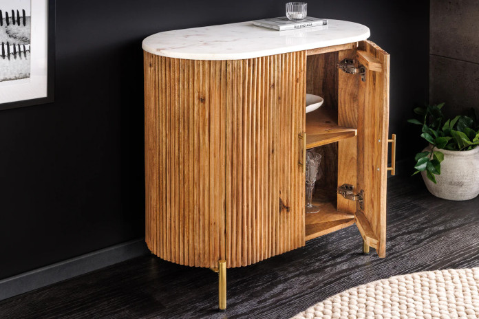 Buffet 70 cm bois de manguier naturel avec plateau en marbre blanc et poignées dorées ROYAL MARBLE