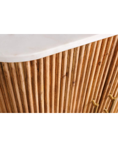Buffet 70 cm bois de manguier naturel avec plateau en marbre blanc et poignées dorées ROYAL MARBLE
