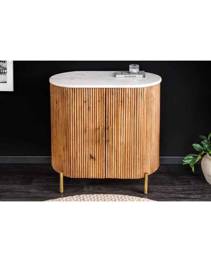 Buffet 70 cm bois de manguier naturel avec plateau en marbre blanc et poignées dorées ROYAL MARBLE