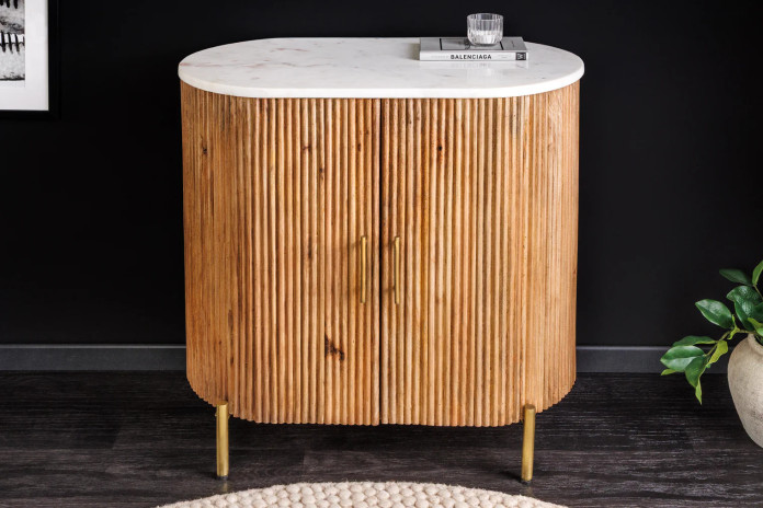 Buffet 70 cm bois de manguier naturel avec plateau en marbre blanc et poignées dorées ROYAL MARBLE
