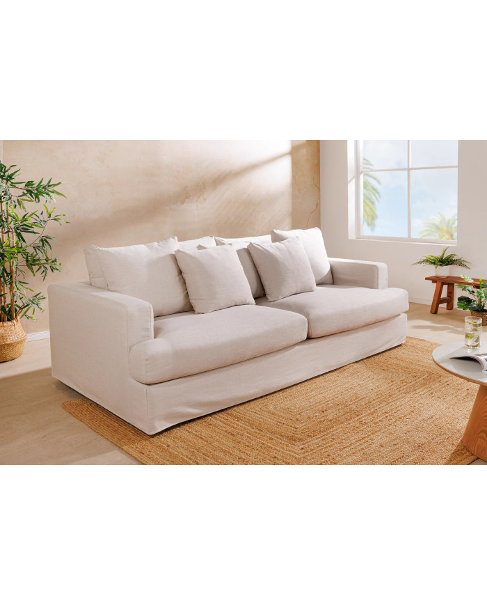 Canapé 3 places confort tissu beige lin 210 cm Celestia