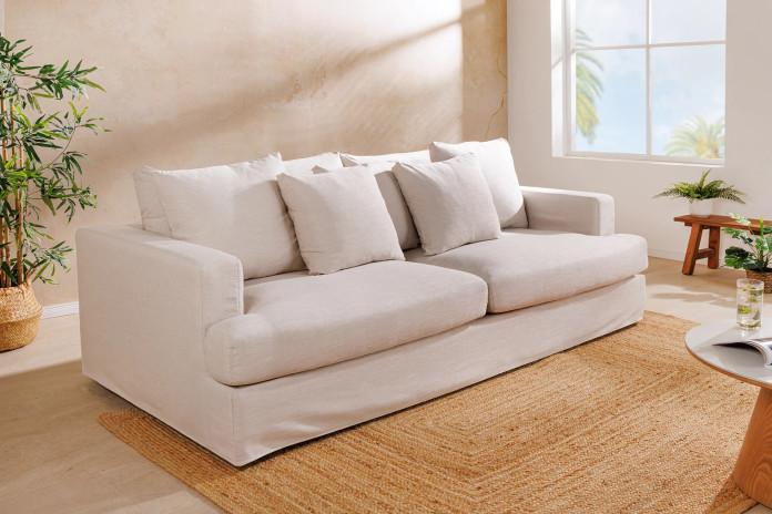 Canapé 3 places confort tissu beige lin 210 cm Celestia