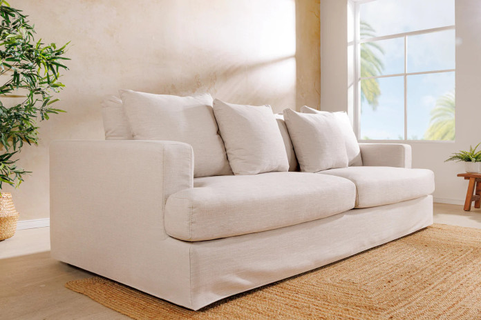 Canapé 3 places confort tissu beige lin 210 cm Celestia