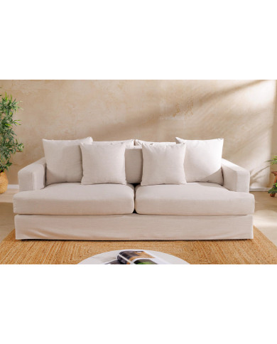 Canapé 3 places confort tissu beige lin 210 cm Celestia