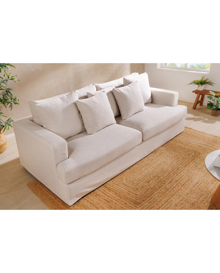 Canapé 3 places confort tissu beige lin 210 cm Celestia
