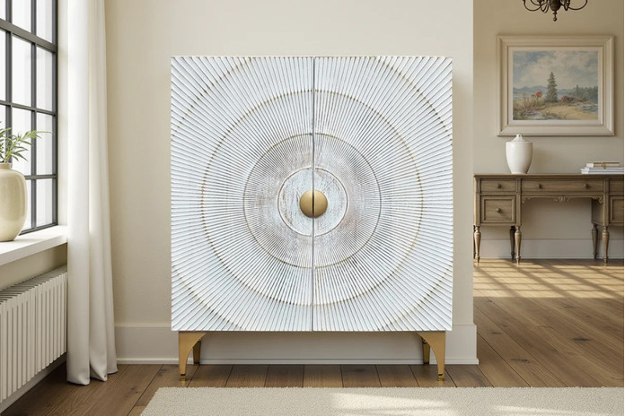 Buffet bois de manguier design avec finitions dorées 120 cm blanc AMMONIS