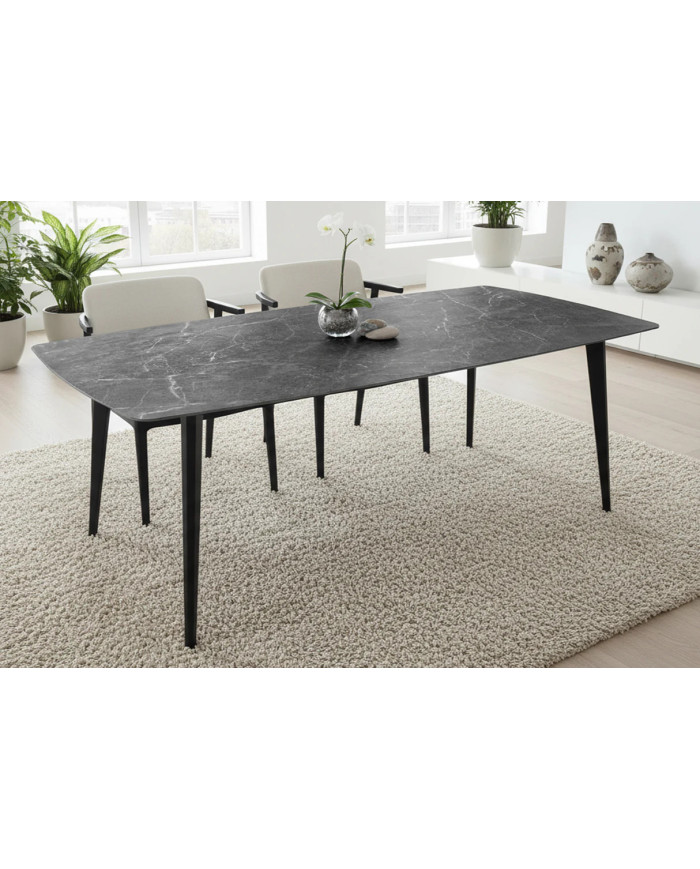 Table à manger 180 cm avec plateau en céramique effet marbre gris anthracite NEROLINE