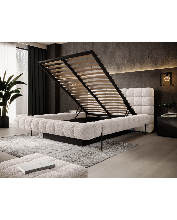 Lit sommier coffre tissu bouclette 160x200 cm – Design Moderne, Confort & Rangement XXL Nova
