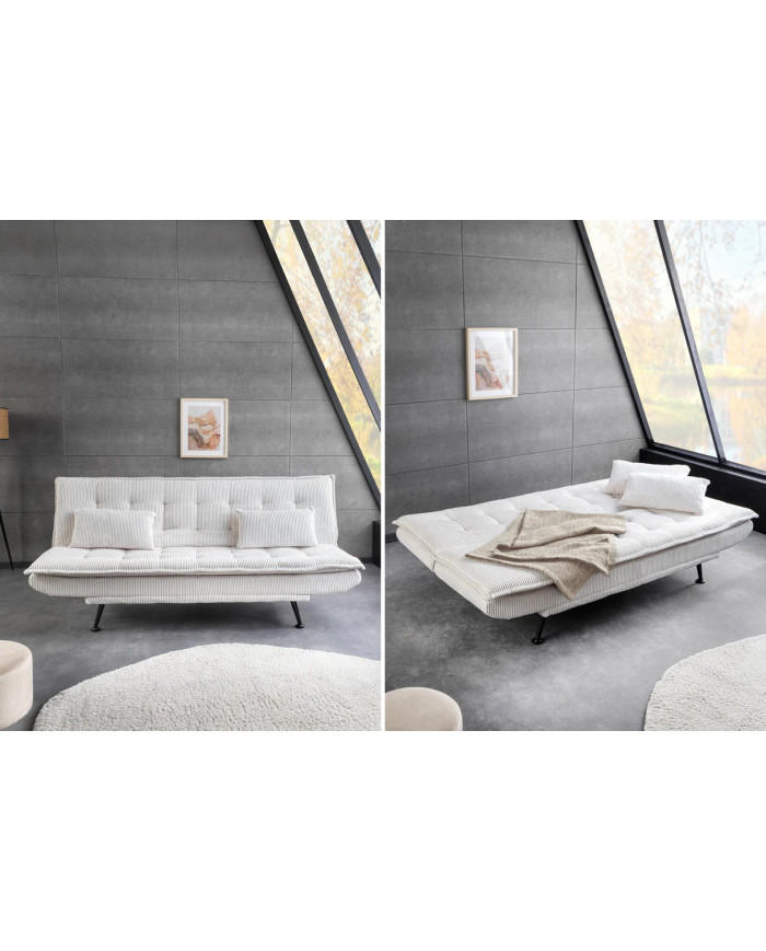 Canapé-lit 195 cm 3 places en velours côtelé crème SOPHIE