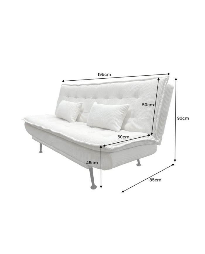 Canapé-lit 195 cm 3 places en velours côtelé crème SOPHIE