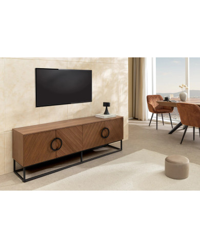 Meuble TV bois massif de noyer 180 cm et pieds métal MAESTRIA