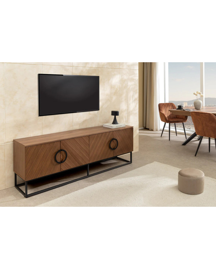 Meuble TV bois massif de noyer 180 cm et pieds métal MAESTRIA