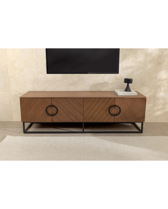 Meuble TV bois massif de noyer 180 cm et pieds métal MAESTRIA