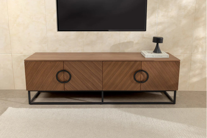 Meuble TV bois massif de noyer 180 cm et pieds métal MAESTRIA