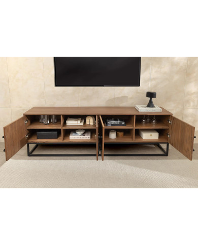 Meuble TV bois massif de noyer 180 cm et pieds métal MAESTRIA