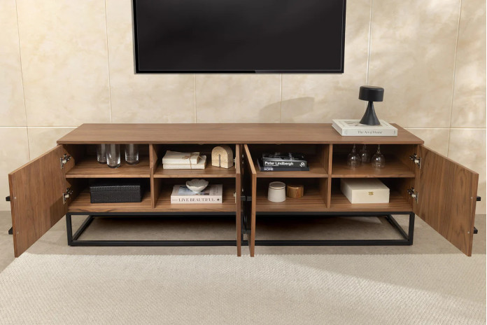 Meuble TV bois massif de noyer 180 cm et pieds métal MAESTRIA