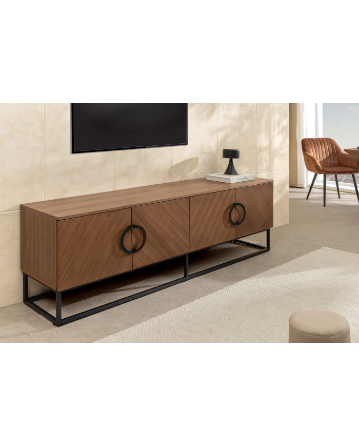 Meuble TV bois massif de noyer 180 cm et pieds métal MAESTRIA