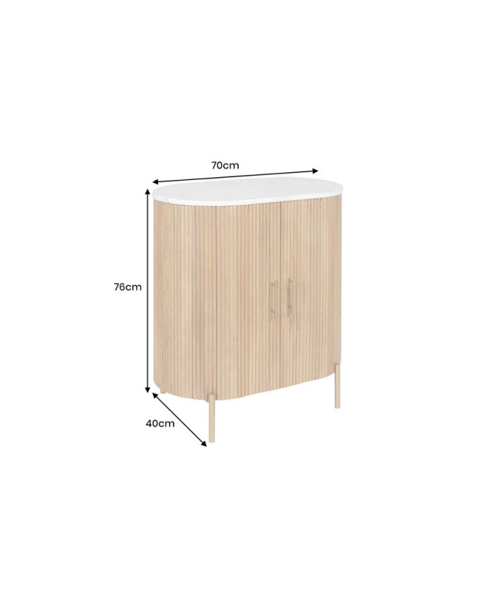 Buffet 70 cm bois de manguier naturel avec plateau en marbre blanc et poignées dorées ROYAL MARBLE