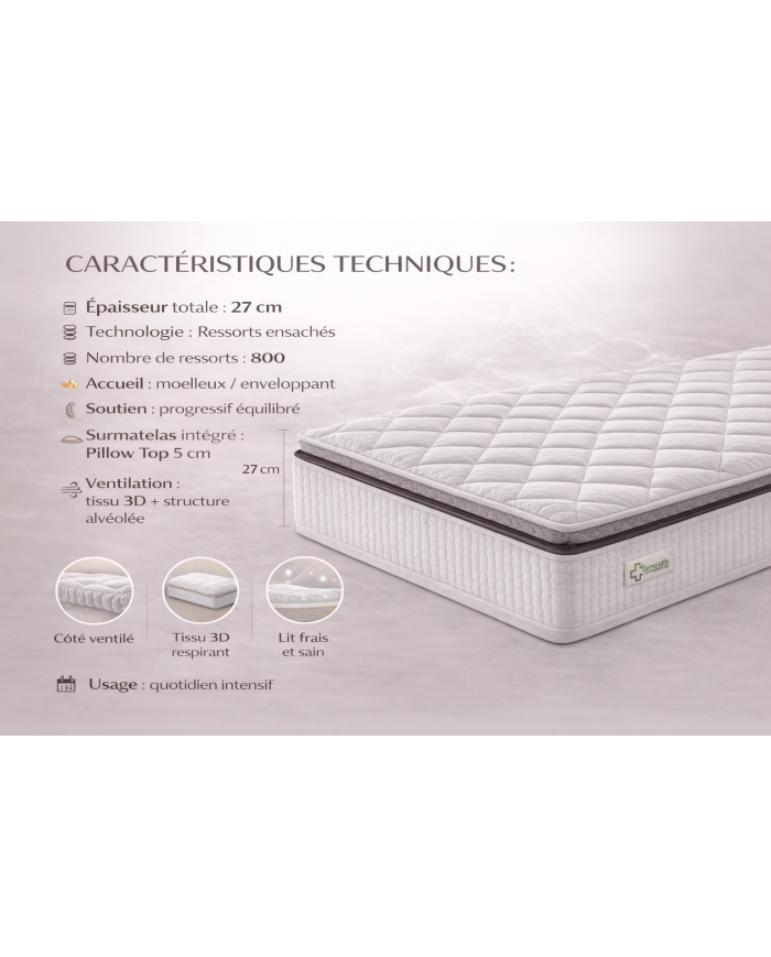 Matelas Pillow Top ressorts ensachés 27 cm | Mobili & Co