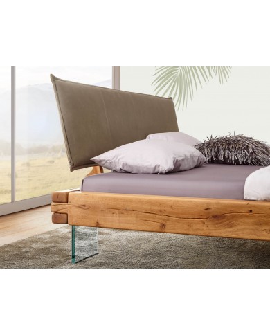 Lit chêne massif sauvage huilé - Pieds verre trempé design - tête de lit matelassée -