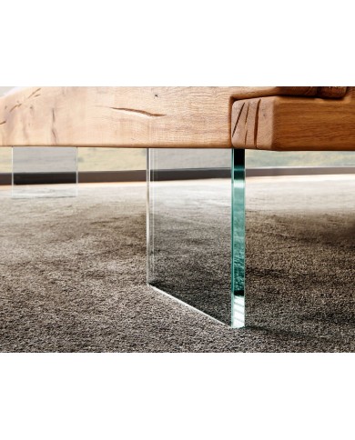 Lit chêne massif sauvage huilé - Pieds verre trempé design - tête de lit matelassée -