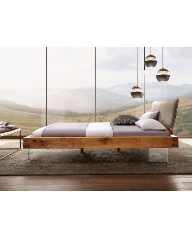 Lit chêne massif sauvage huilé - Pieds verre trempé design - tête de lit matelassée -