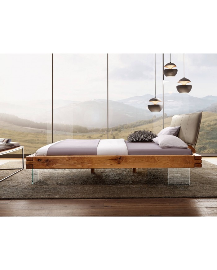Lit chêne massif sauvage huilé - Pieds verre trempé design - tête de lit matelassée -