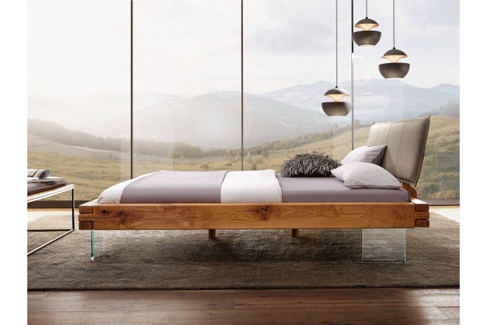 Lit chêne massif sauvage huilé - Pieds verre trempé design - tête de lit matelassée -