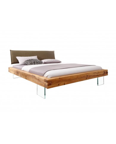 Lit chêne massif sauvage huilé - Pieds verre trempé design - tête de lit matelassée -