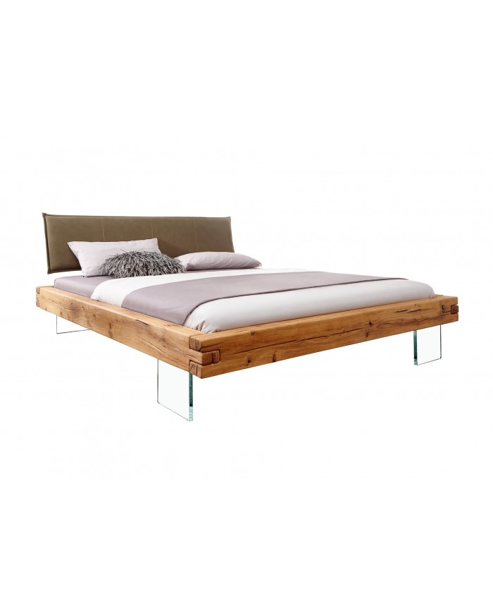 Lit chêne massif sauvage huilé - Pieds verre trempé design - tête de lit matelassée -