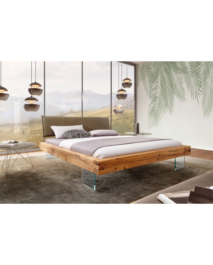 Lit chêne massif sauvage huilé - Pieds verre trempé design - tête de lit matelassée -