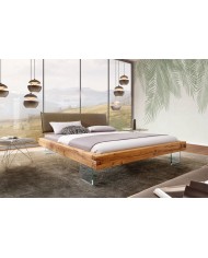 Lit chêne massif sauvage huilé - Pieds verre trempé design - tête de lit matelassée -